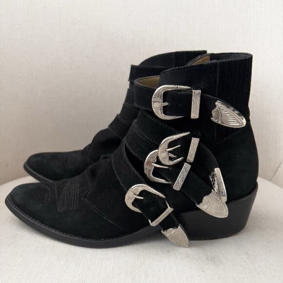 Toga Pulla Boots Womens 37 7 Buckle Belted Cowboy Ankle Black Suede Boho Western - Picture 4 of 11